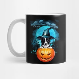 Border Collie Witch Hat Pumpkin And Blue Moon Halloween Mug